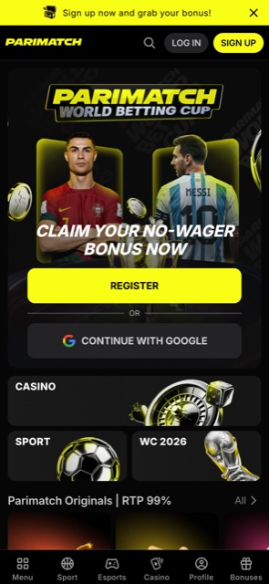 Pantalla de inicio de la app de Parimatch