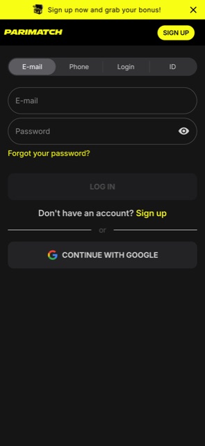 Pantalla de acceso de la app de Parimatch