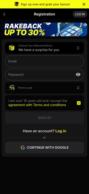 Pantalla de registro de la app de Parimatch