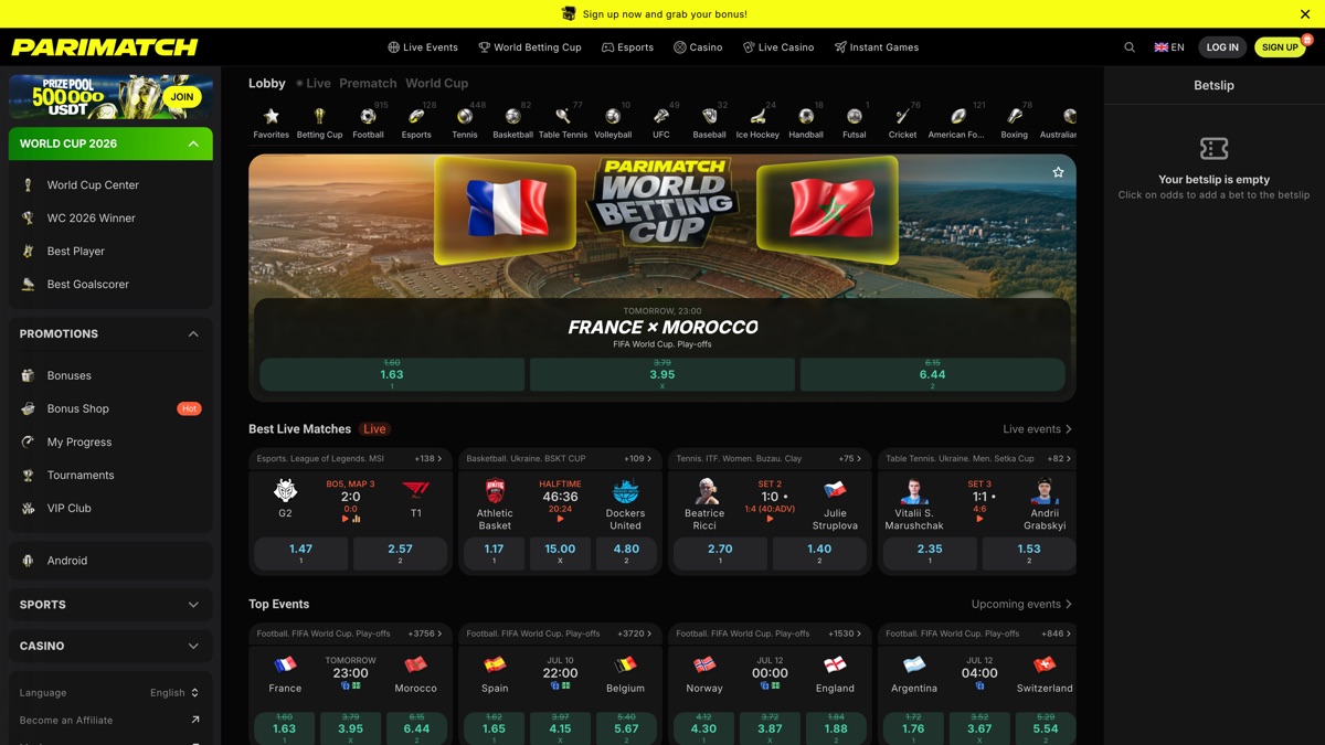 Sección de apuestas deportivas de Parimatch