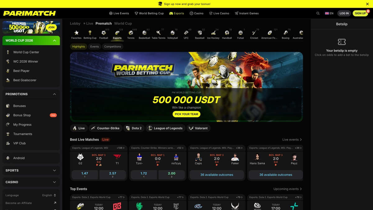 Sección de eSports de Parimatch